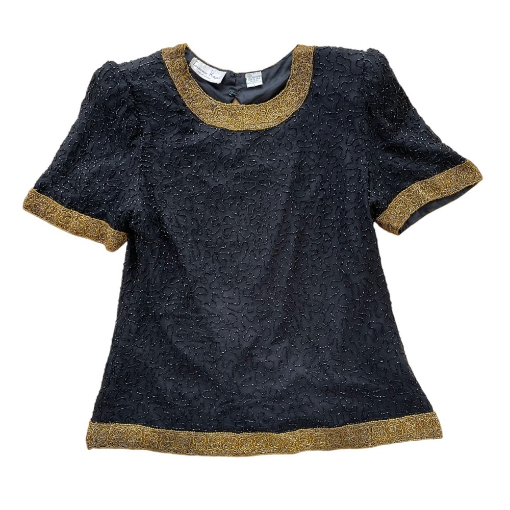 Vintage Laurence Kazar Women’s Blackand Gold Silk Beaded Short Sleeve Top